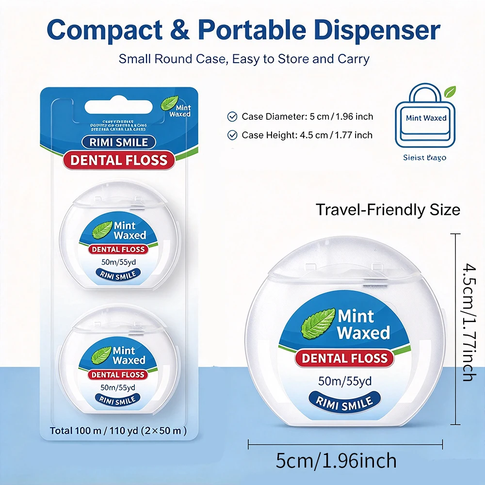 2/4/6 Mint Flavored Waxed Dental Floss, 2×50m, Smooth Glide Interdental Cleaner, Compact Portable Case for Home, Office&Trip Use