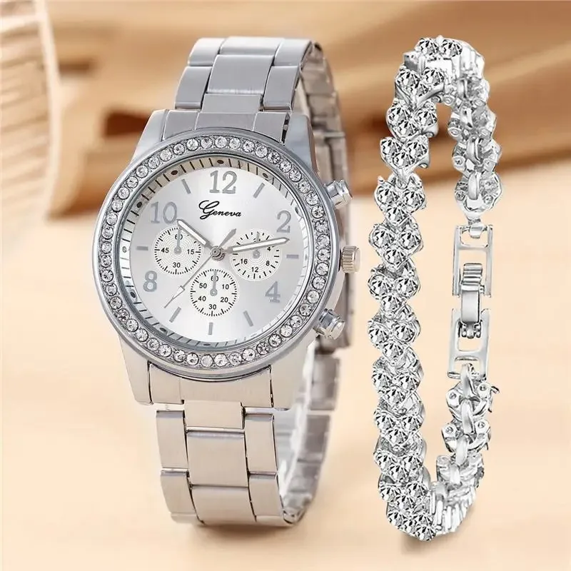 Fashion Luxury Women\'s Diamond Quartz Bracelet Set Watch Two Piece Set