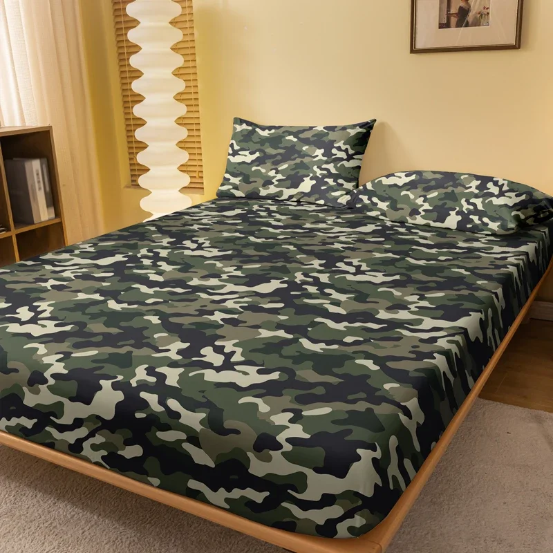 1pcs Camouflage Green Pattern Sanding Fitted Sheet, Bedroom Camouflage Printed Bedspread, Bedding (Not Include Pillowcase)