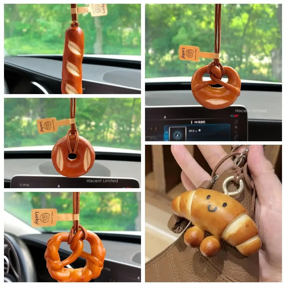 Lovely Bagel Alkaline Bread Pendant Keyring Rope Pretzel Key Chain Cute Car Interior Pendant Croissant Bag Accessory Gift