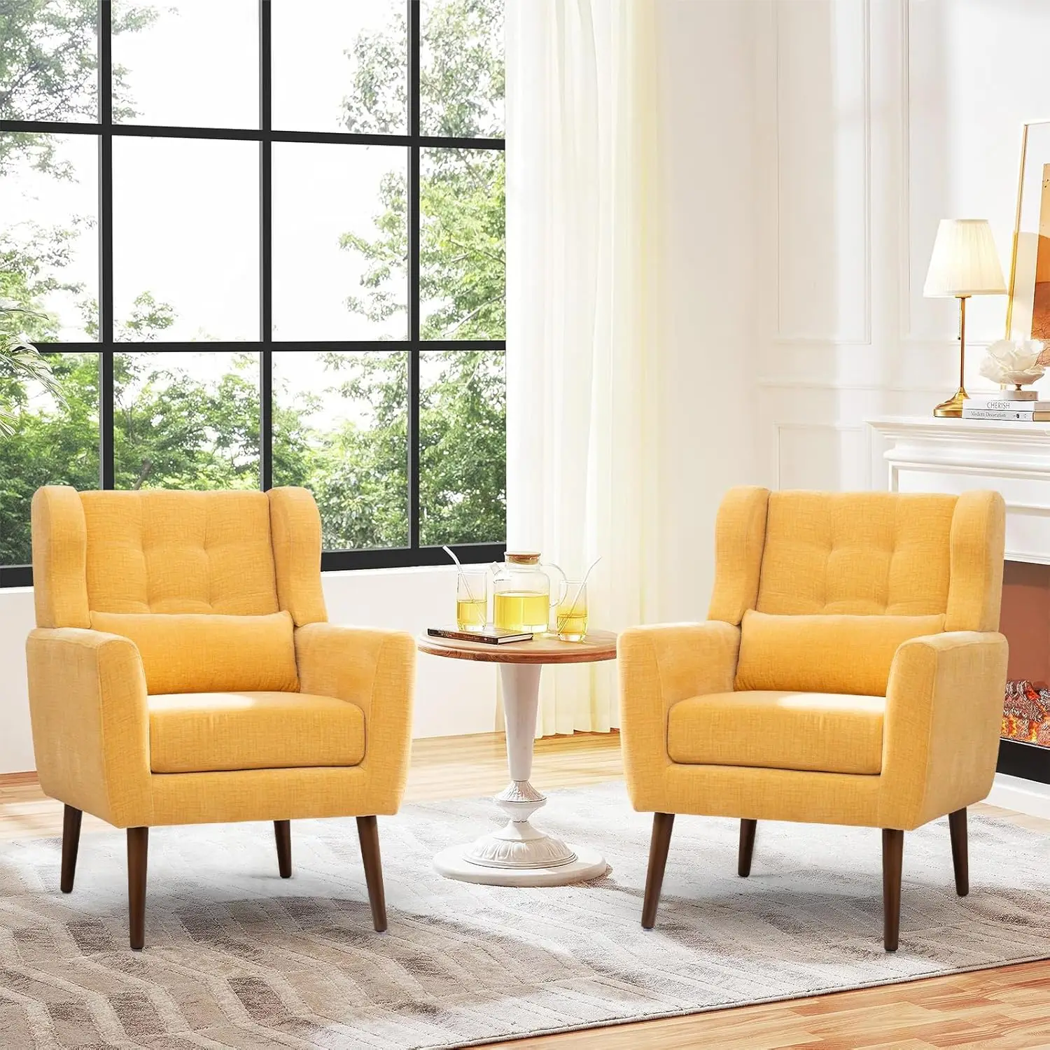 

Accent Arm Chairs Set of 2 for Living Room Chenille Upholstered Mordern Armchair Bedroom Solid Wood Leg Yellow