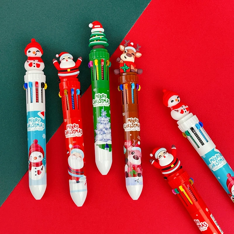 1PC Christmas 10-color Ballpoint Pen Student Press Pen Color Pen Santa Claus Ballpoint Pen 0.5mm School Stationery Kids Gifts