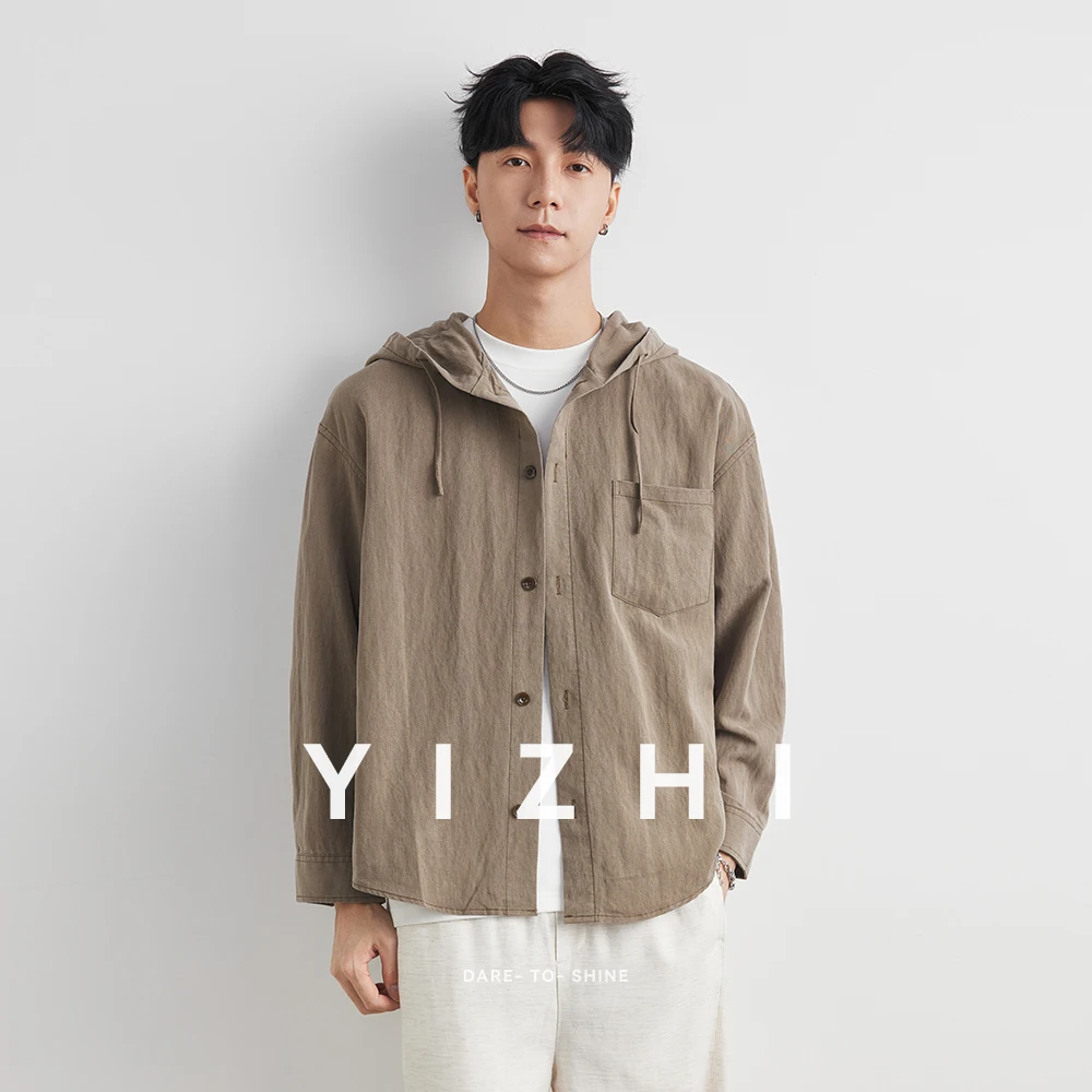 Autumn Men's Lyocell Nylon Shirt Solid Streetwear Long Sleeve Hoodie Clothing For Men Button Tops Casual Loose Men Hooded Shirt