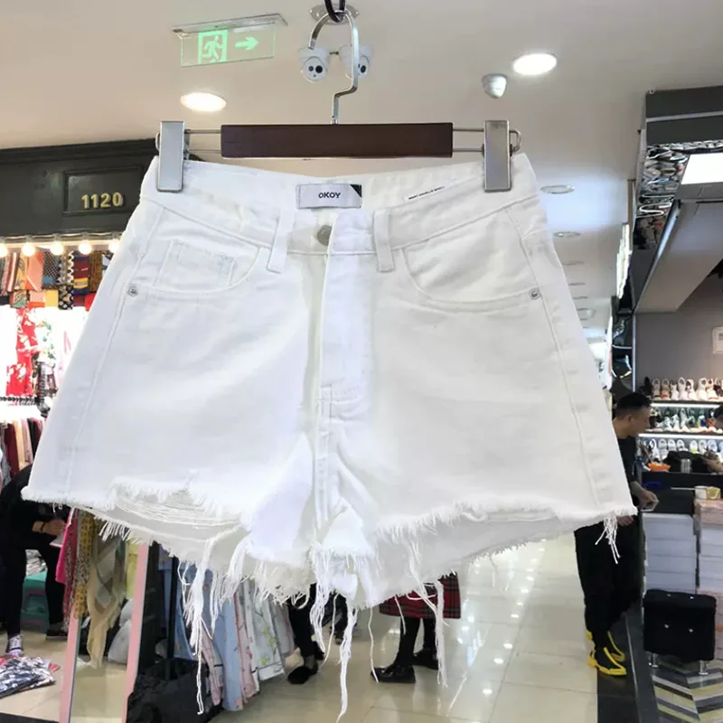 

Women's High-Waisted Denim Shorts, Female Design Jeans with Holes, Thin Wide-Leg Pants, Raw Edges, Summer, New, 2023