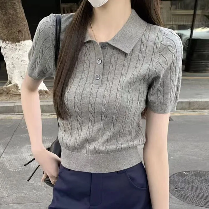 

Knitted Sweater Women Pullovers New Short Sleeve White Knit Sweater Pullover Women Tops Turn Down Collar Sueters De Mujer