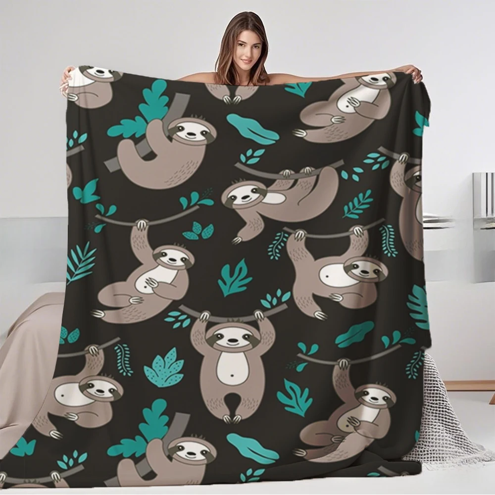

Classic Flannel Blanket Lazy Sloths On Black Collection Art Deco Decorative Throw Blanket With Anti-pilling Fade-resistant