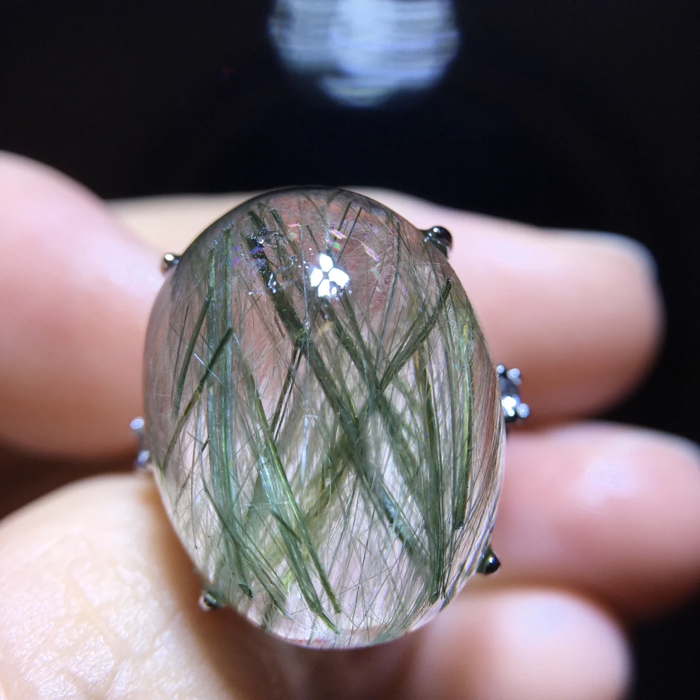 Natural Green Rutilated Quartz Adjustable Ring 18.8/14.8mm Women Men Rutilated Beads AAAAAA