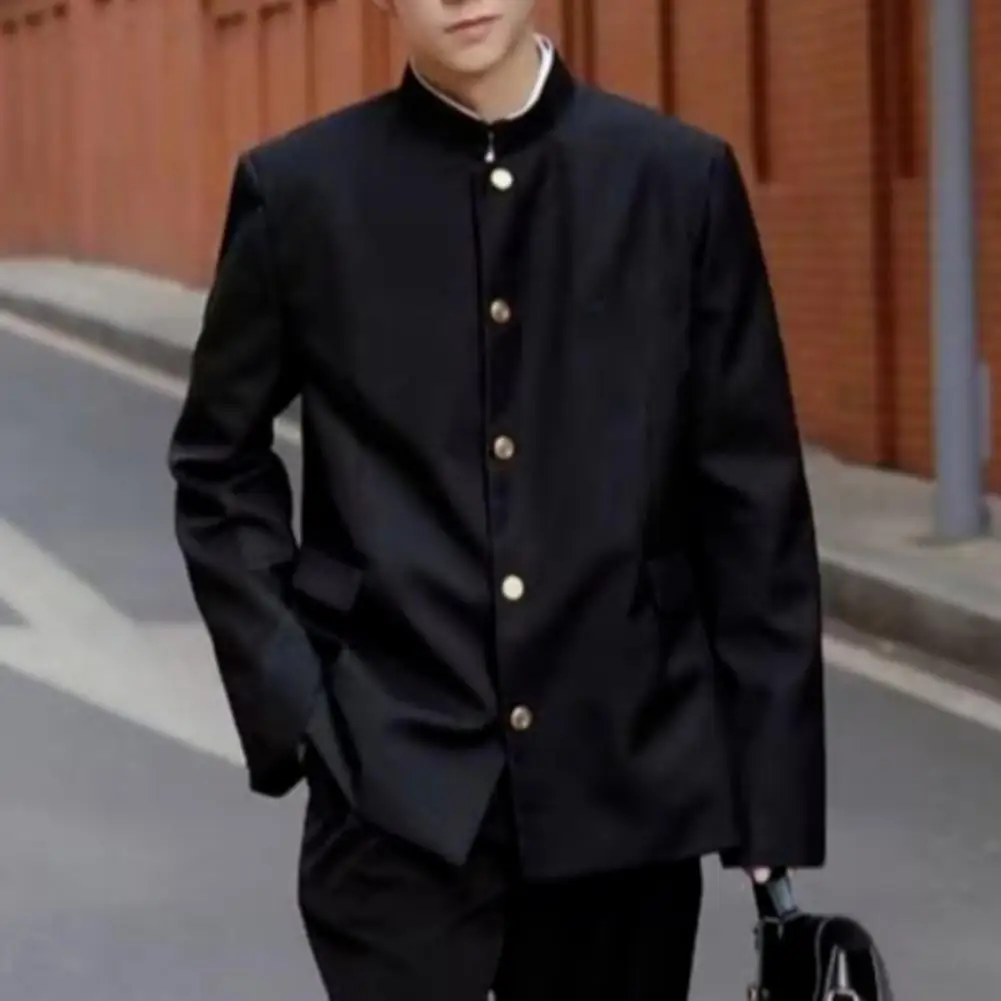 

Men Suit Coat Japanese Style School Uniform Stand-up Collar Single-Breasted Formal Jacket With Flap Pockets Chinese Tunic Suit