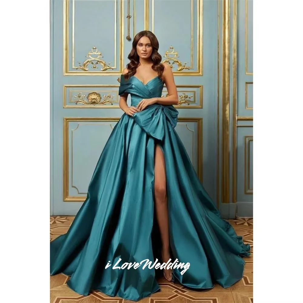 

Navy Blue Bow V-Neck Prom Dresses One Shoulder Backless A-line Floor-Length Pleated Evening Dress Wedding Party Dress Customized