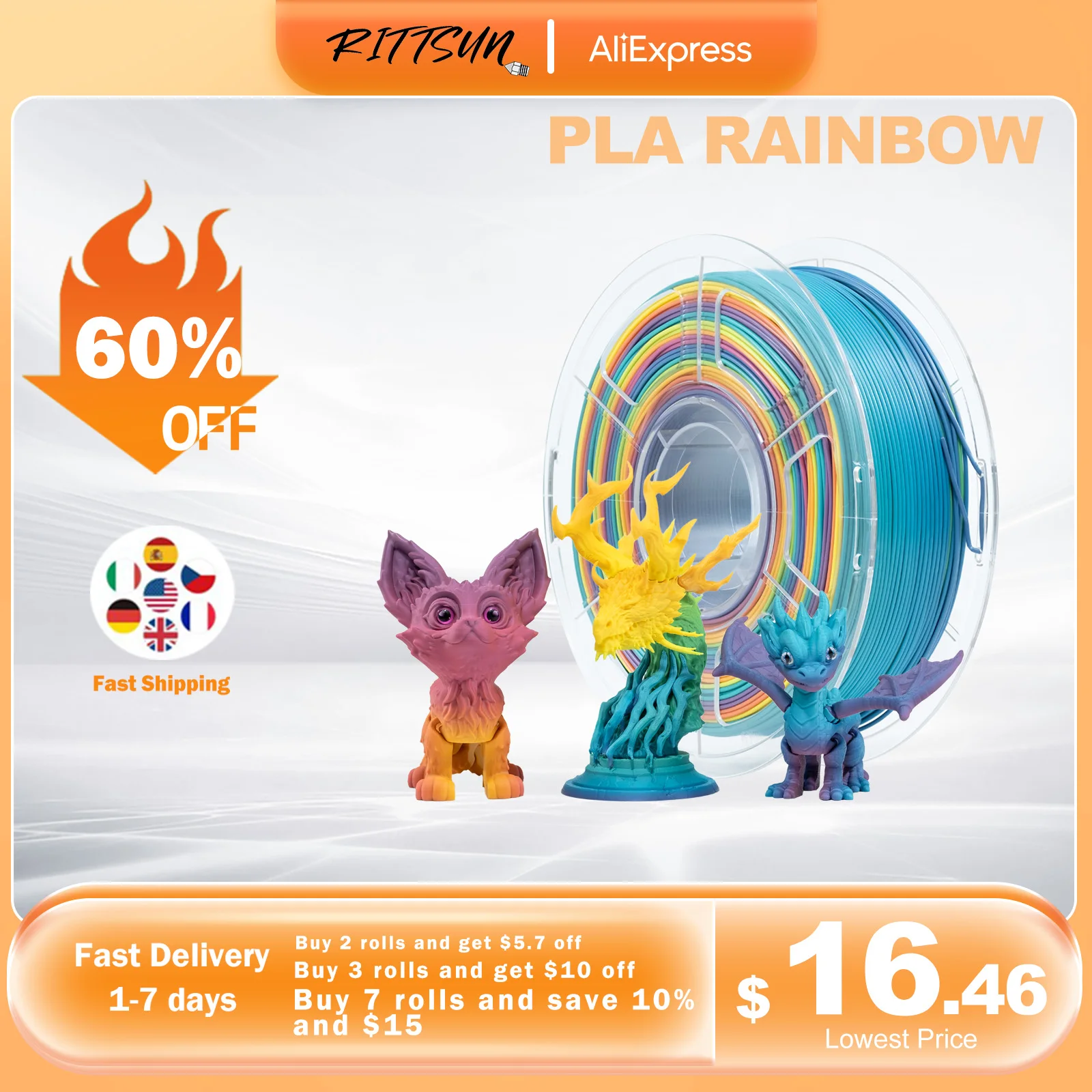 RITTSUN PLA Rainbow New Arrival 3D Printer Filament 1KG 1.75mm ±0.03 Diameter High Quality FDM Printing Filament Fast Shipping