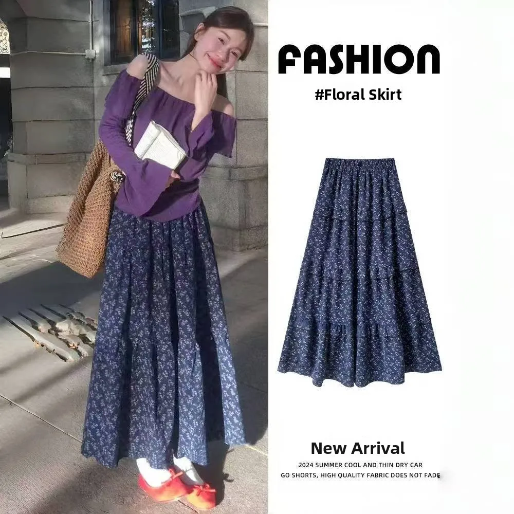 

Ele 2025 Retro Floral f Skirt High Waist Slimming Midi Long Skirt Purple Cake Sle Women's Summer New Arrival