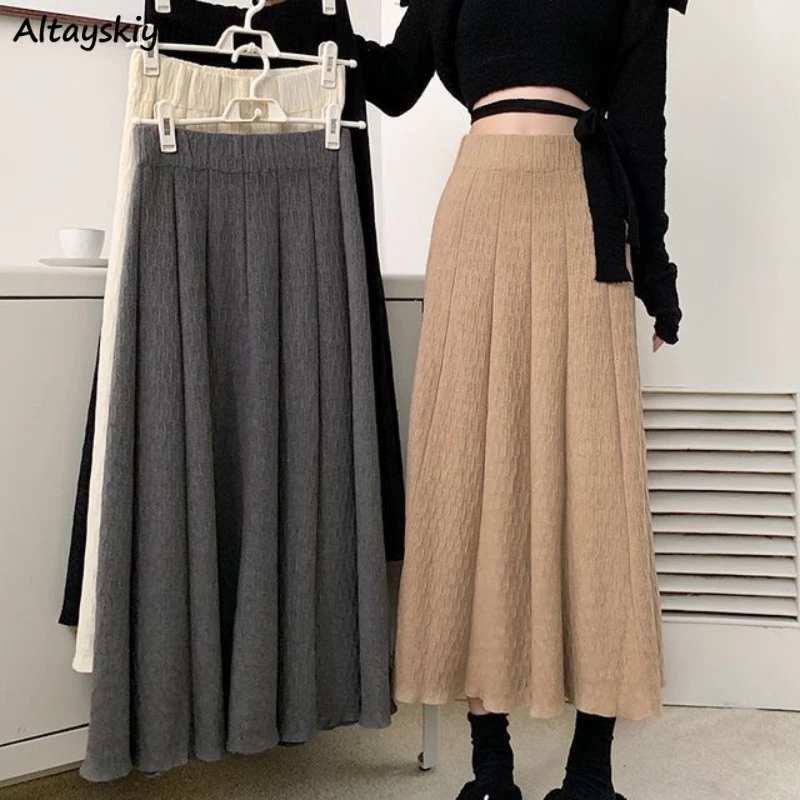 

Skirts Women A-line Solid Casual Style High Elastic Waist Mid-calf Pleated Elegant Ladies Fashion Streetwear Chic All-match Soft