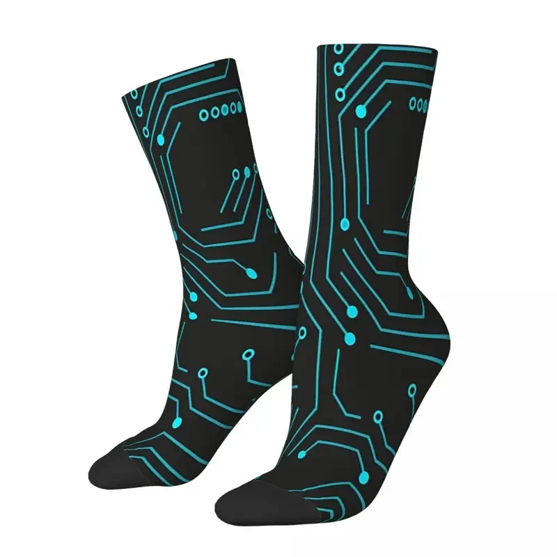 Y2K Retro Blue Circuit Board Men'S Socks Coding Geek Developer CPU Unisex Harajuku Pattern Printed Happy Crew Sock Gift