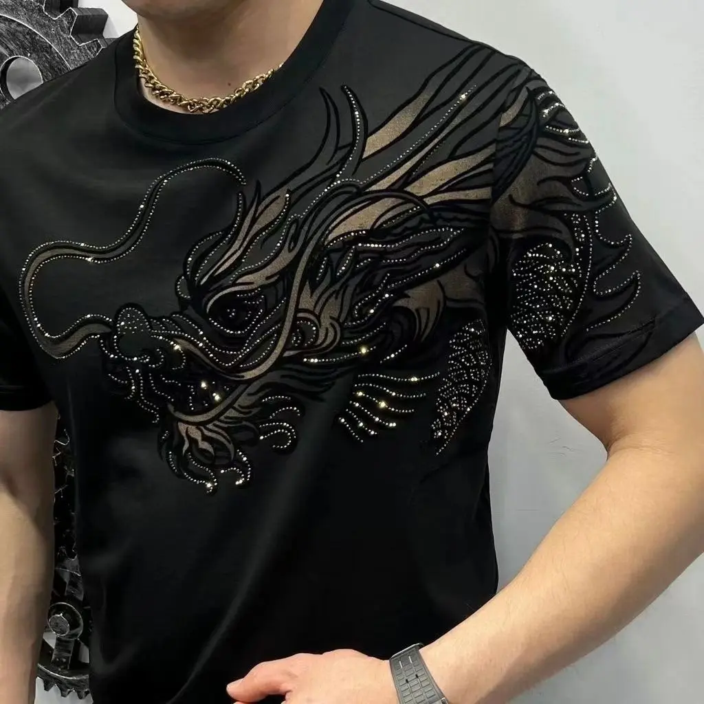 2024 Hot Drilling Dragon T-shirt in cotone da uomo New Summer Man Trend stampato T-shirt a maniche corte Maschile Traspirante Assorbente Top