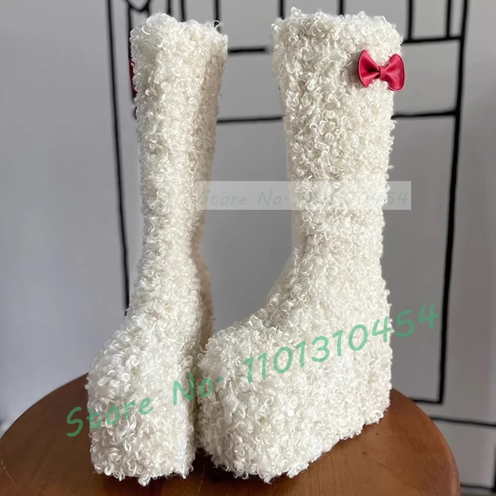 White Platform Wool Knee High Boots With Bowknot Decal Women Lovely Warm Furry Snow Boots Women Outfit Slouchy Side-zipper Shoes