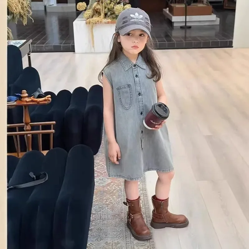 UNITIM Kinderkleid Sommer Einfarbiges Kleinkind Mädchen Jeanskleid mit Umlegekragen Mädchenröcke Einknopf-Kleid Mädchen Vestido