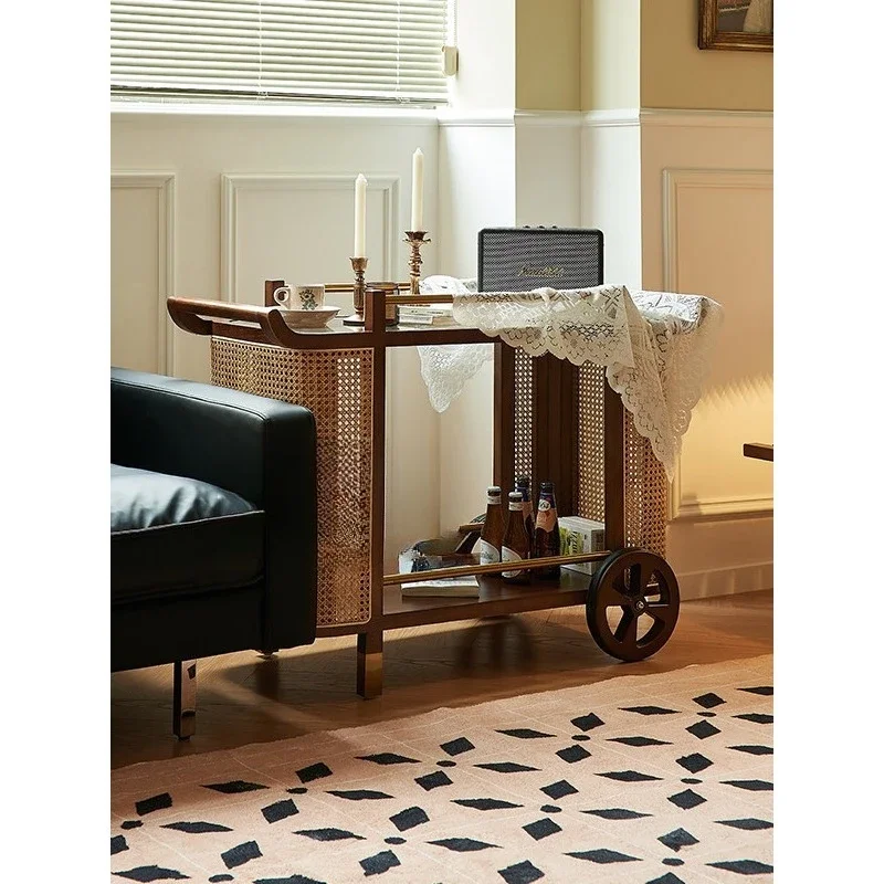 French medieval style cart side few, living room sofa side movable dining car solid wood double shelf hotel commercial