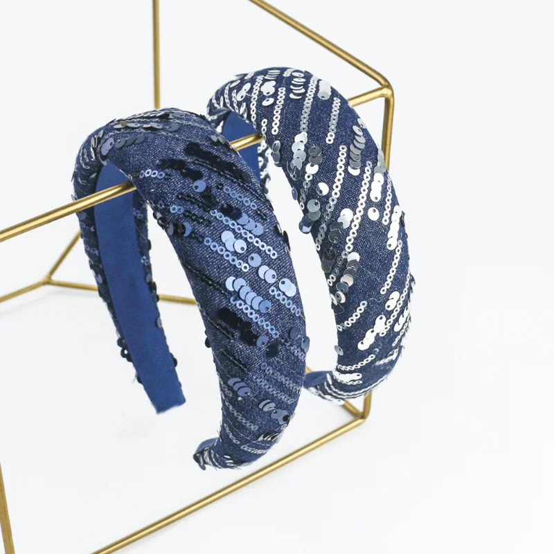 Serre-tête en jean à sequins pour femme, simple, polyvalent, accessoire de coiffure pour le lavage du visage, bandeau de mode
