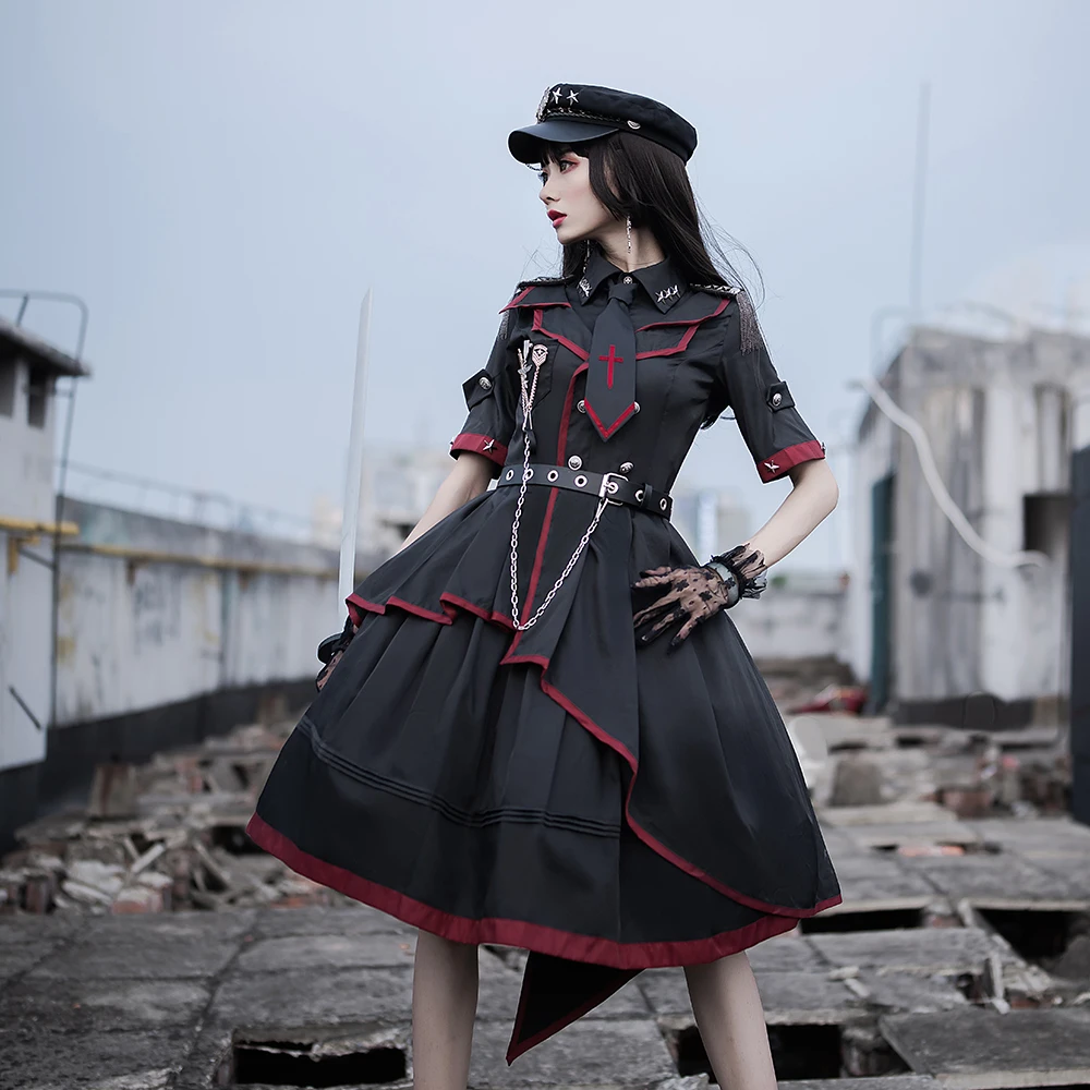 Melonshow Military Uniform Dress Black Japanese Gothic Lolita Skirt Victorian Dresses Women Kawaii Princess Dress