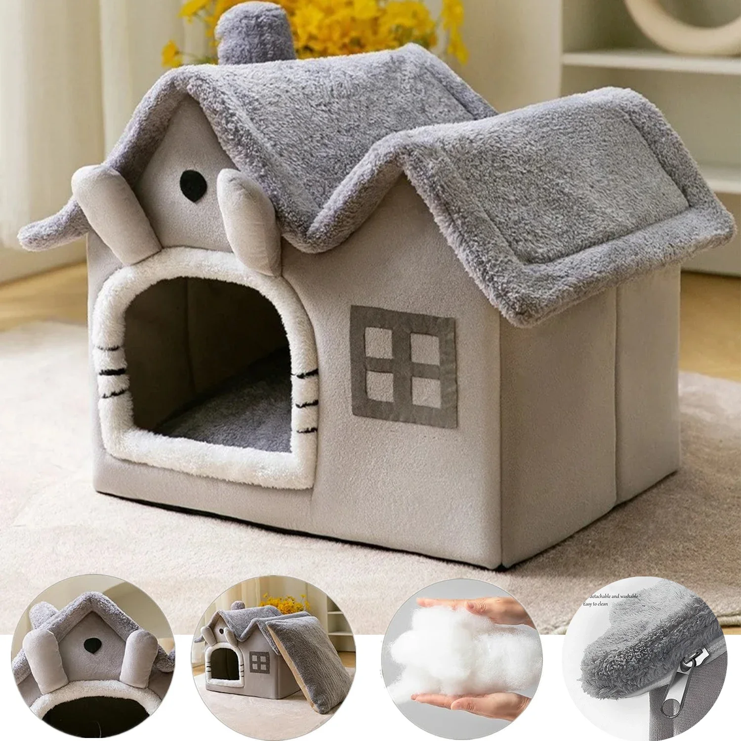 

New Style Folding Cat House Removable Washable Chihuahua Cave Cat Bed Canine Cat Upholstered Four Season Kennel Deep Sleeping