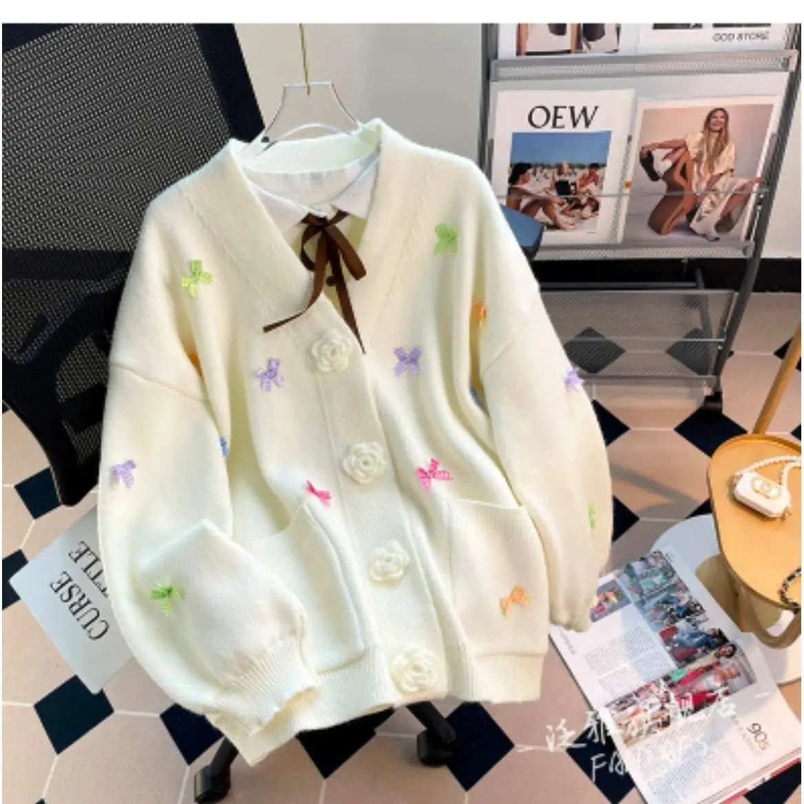 Korean Lively Cute Bow Knitting Cardigan Femme Autumn Winter New Loose Sweet Bright Line Decoration V-neck Trend Sweater Coat