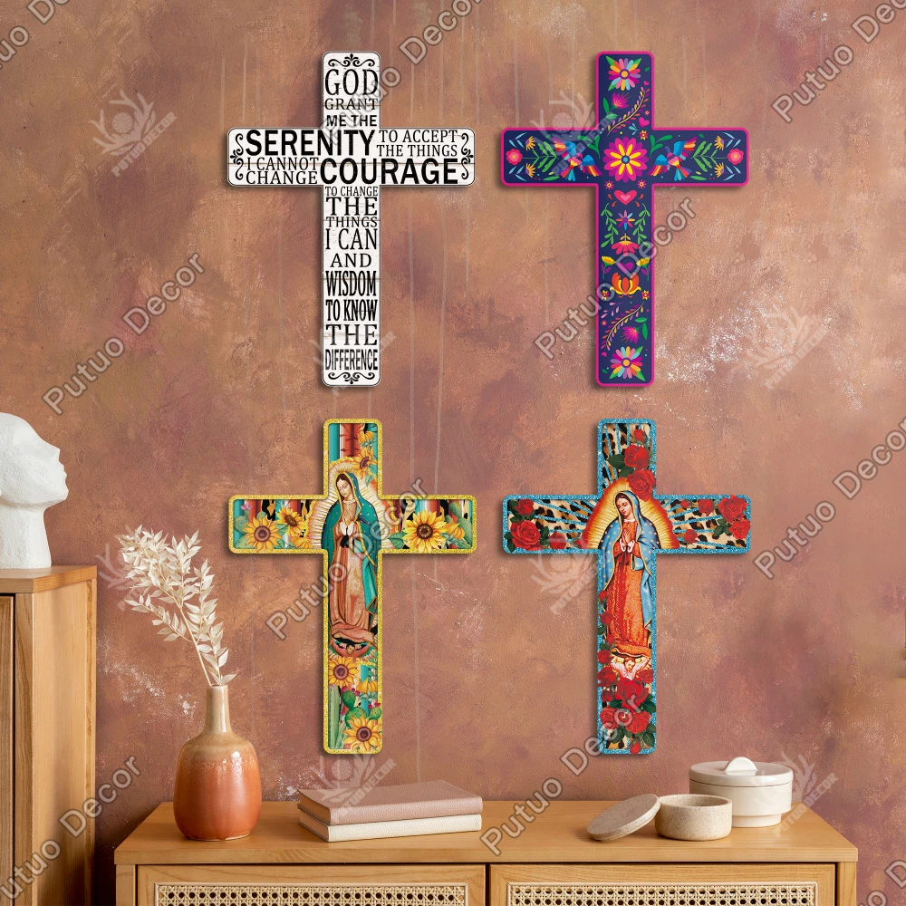 Putuo Decor Mexican Crucifix Wood Wall Deco 15.9 X 11.8 Inches, Madonna Decoration Wooden Wall Mounted Cross for Room