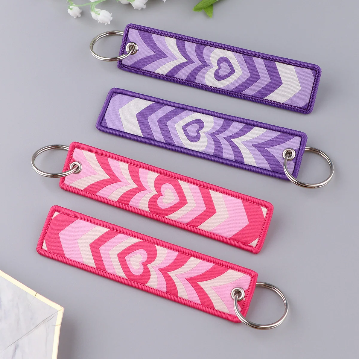 Pink Purple Key Tag Heart Embroidered Jet Tags Motorcycles Cars Keychains Backpacks Accessories Fashion Keyrings Gifts 1PCS