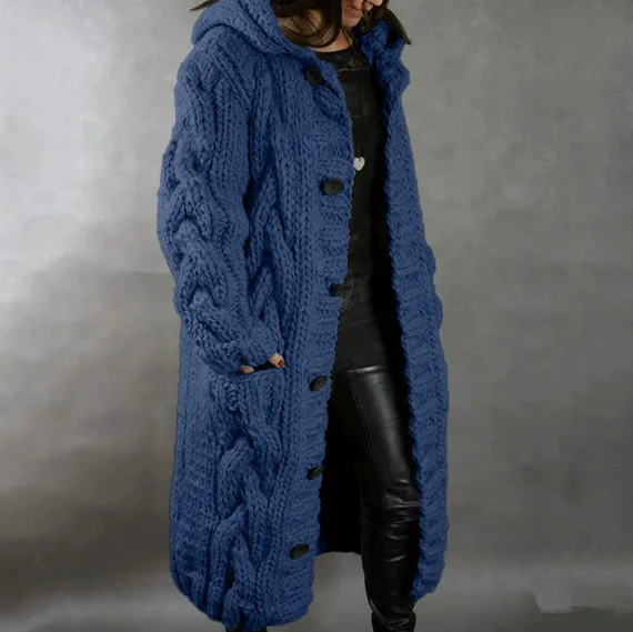 Damenpullover, neuer lässiger, lockerer, europäisch-amerikanischer Mode-Cardigan mit Umlegekragen, gestrickter langer Mantel, Pullovermantel in großen Größen – Detail 28