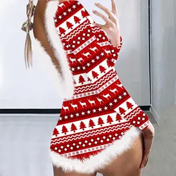 Womens Christmas One Piece Pajamas Nightwear Romper Jumpsuit Xmas Print V Neck fur Backless Jumpsuit Autumn Onesies Bodysuits