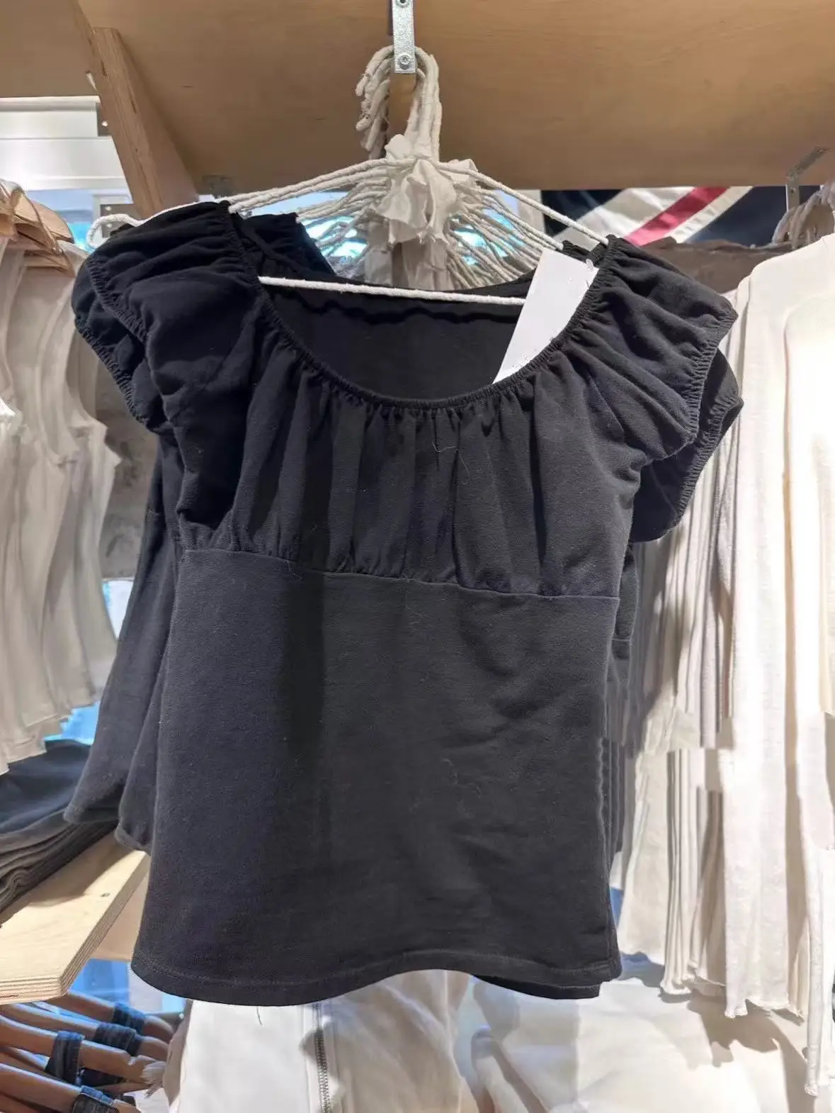 تي شيرت نسائي صيفي قطني برقبة دائرية بأكمام قصيرة مكشكشة بلون أصفر ريترو من براندي بي إم بيور ديزاير ويتينينج #3