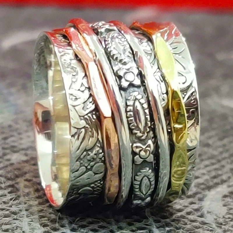 Retro Unique Pattern Metal Wide Silver Color Ring for Women 2024 New Punk Fashion Trend Personality Cool Girls Party Jewelry