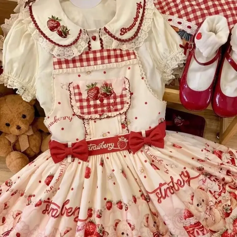 Japanese Lolita Shirts Women Sweet Schoolgirl Bow Strawberry Embroidery Lace Peter Pan Collar Princess Kawaii Blouses Y2k Tops