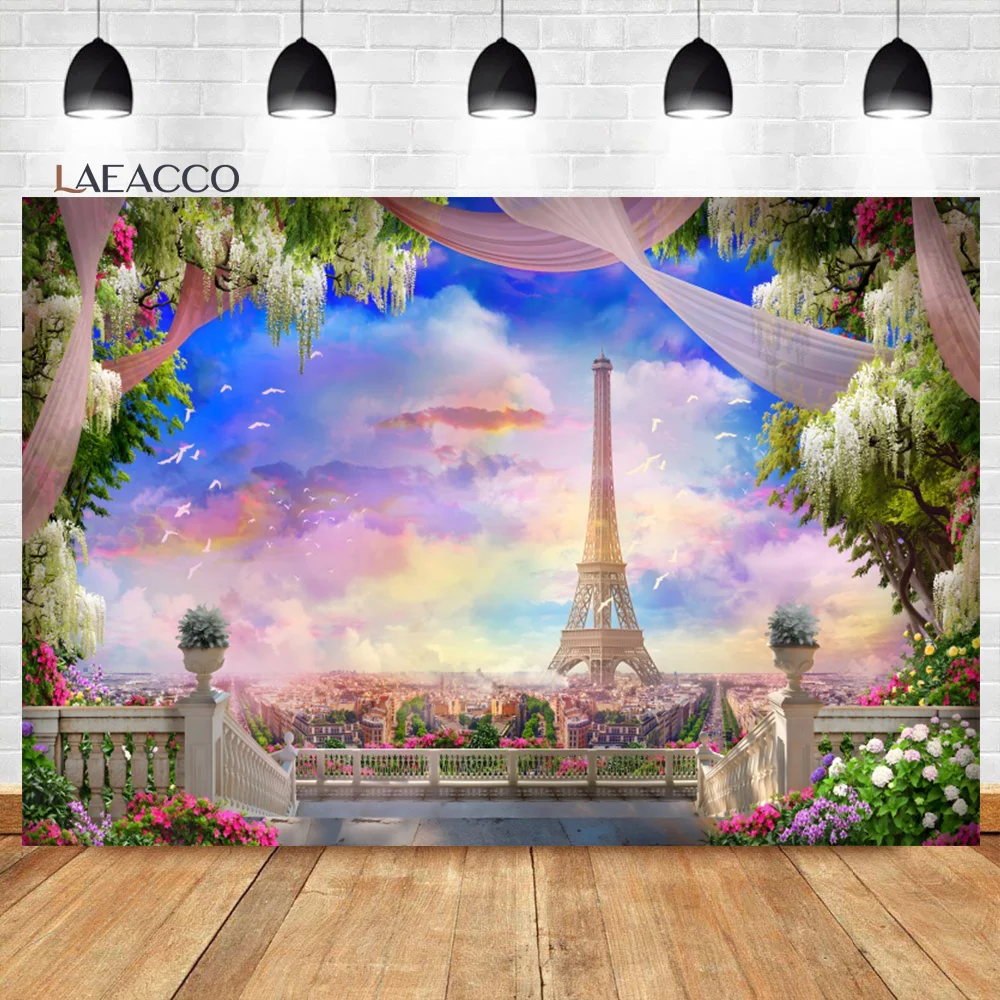 

Laeacco French Paris Eiffel Tower Garden Backdrop Flowers Tree Sunset Landscape Adults Wedding Portrait Photography Background