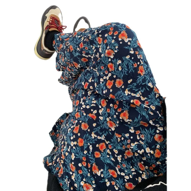 Falda con estampado de flores azules Vintage para Mujer, Faldas de línea a de cintura alta, Faldas sueltas de longitud media que combinan con todo,