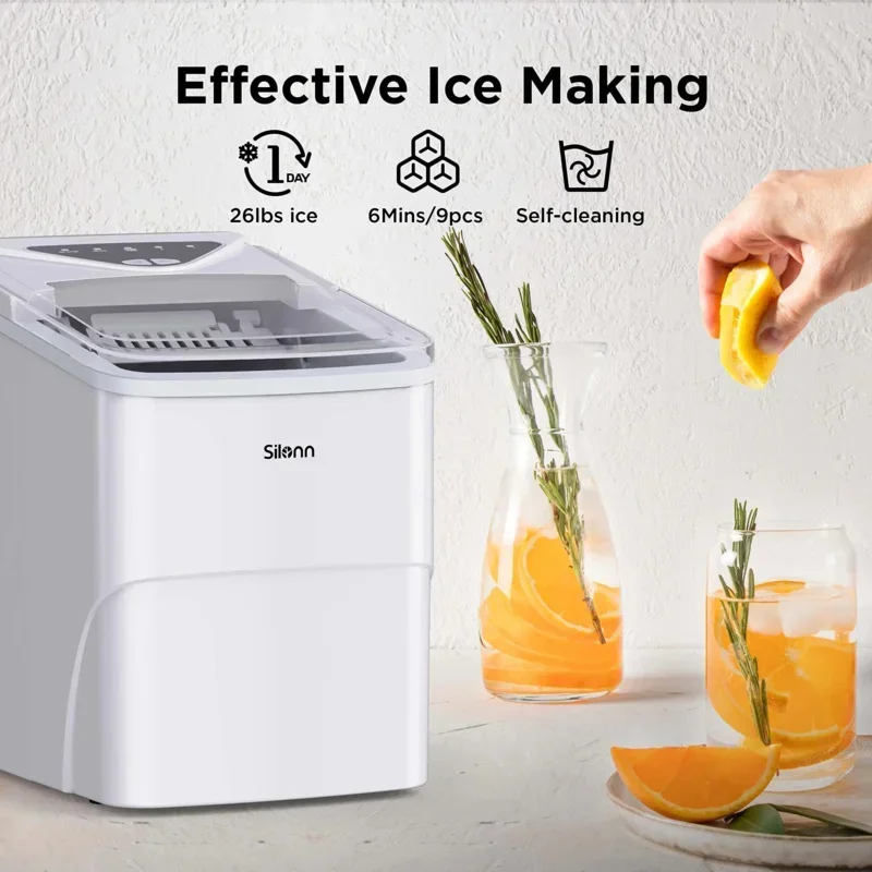 QWSilonn Ice Makers Countertop 9 Bullet Ice Cubes Ready in 6 Minutes 26lbs in 24Hrs Portable Ice Maker Machine Self-Cleaning Whi