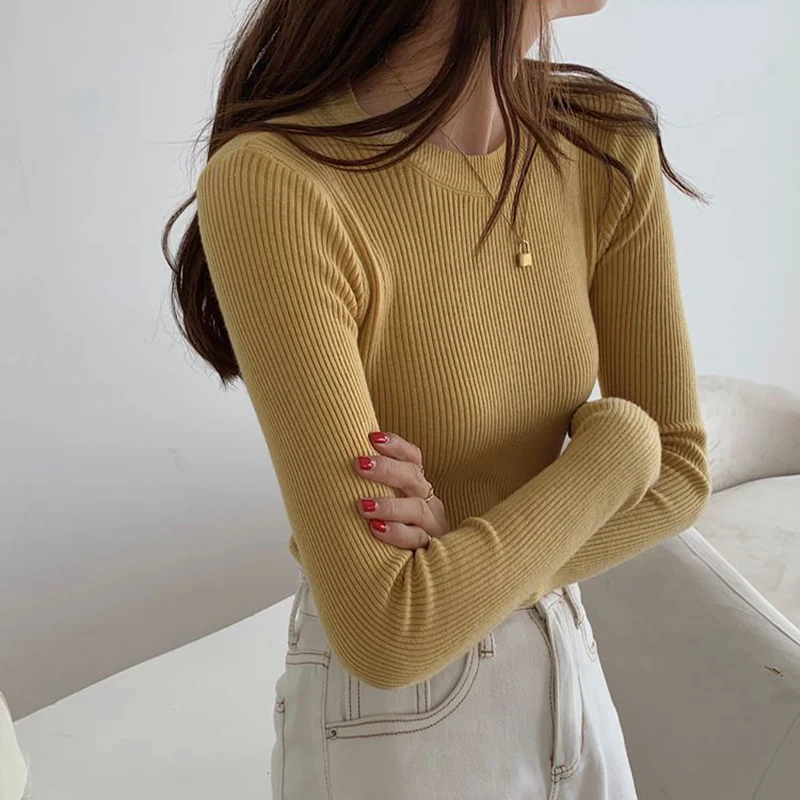 Lucyever Sweater Women Pullover Autumn Winter Basic Slim Fit O-Neck Knitted Sweaters Female Solid Ribbed Long Sleeve Jumpers Top