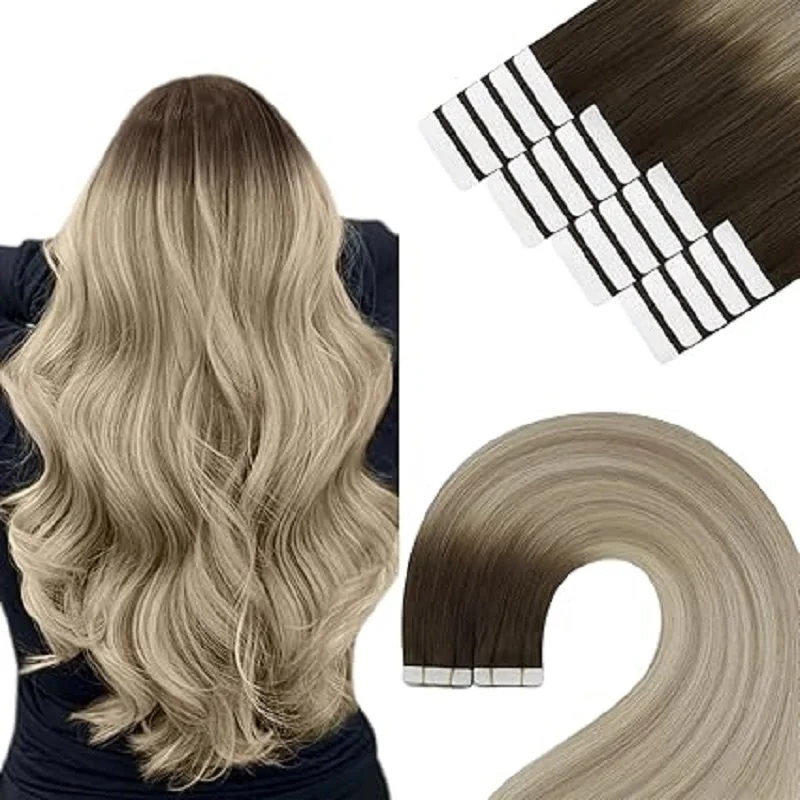 YoungSee Tape In Remy Hair Extensions Straight Seamless Skin Weft Balayage Color 12-24inch