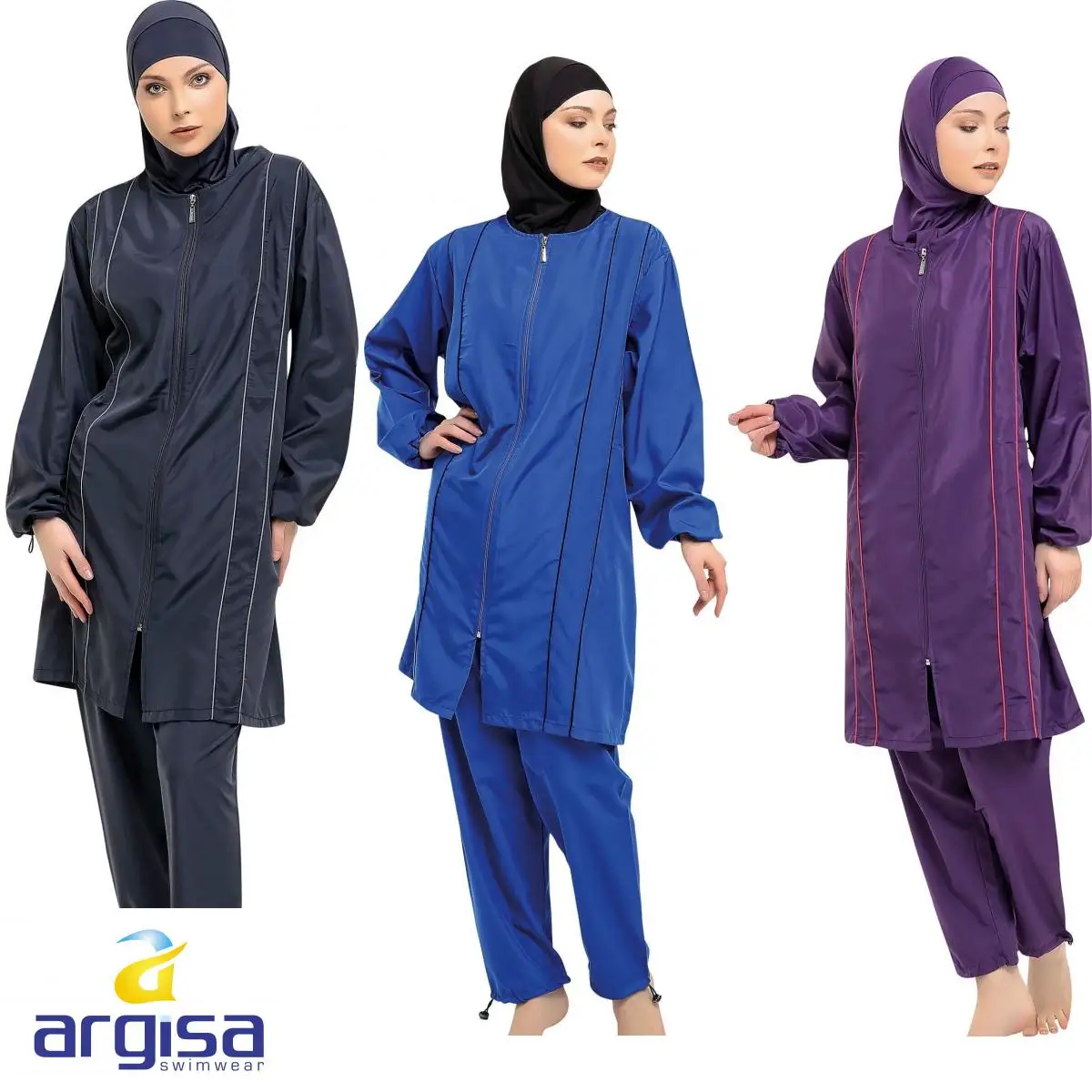 Argisa 7113 Long-Sleeve Plus Size Full Burkini Muslim Swimwear 3XL-7XL Hijab Islamic Swimsuit Turkey Women GRAY Blue Purple Black