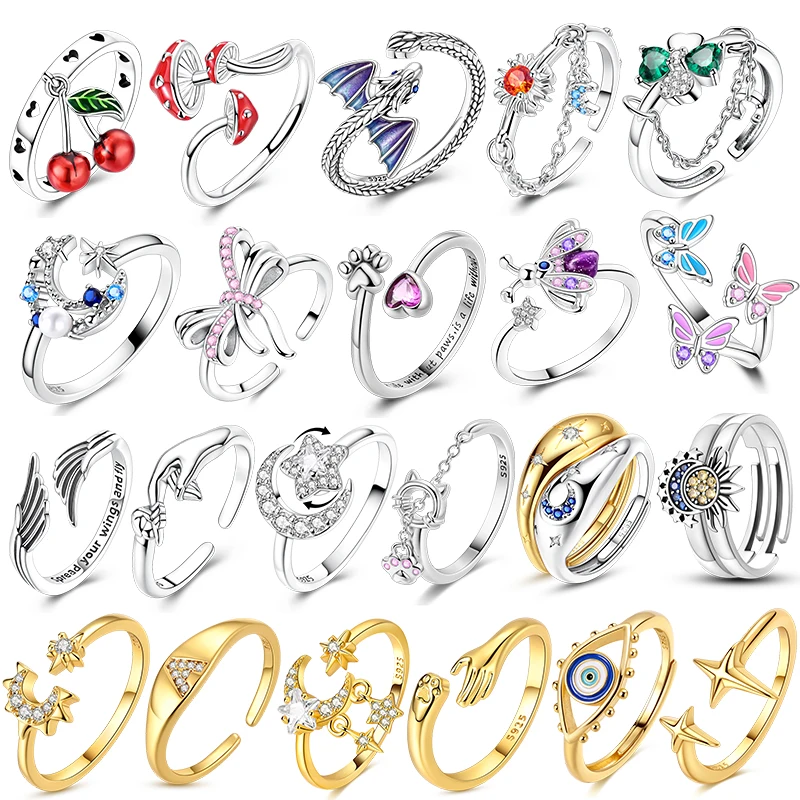 

Adjustable Size Ring 925 Silver Original Clover Cherry Star Moon Butterfly Dragon Finger Jewelry For Women Birthday Wedding Gift
