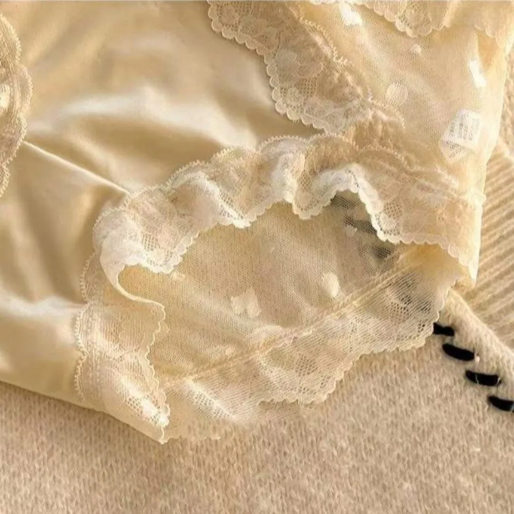 Lingerie Satin Silk Lace Flower Panties Transparent Low Waist Lace Mesh Briefs Love Heart French Style Briefs Gifts