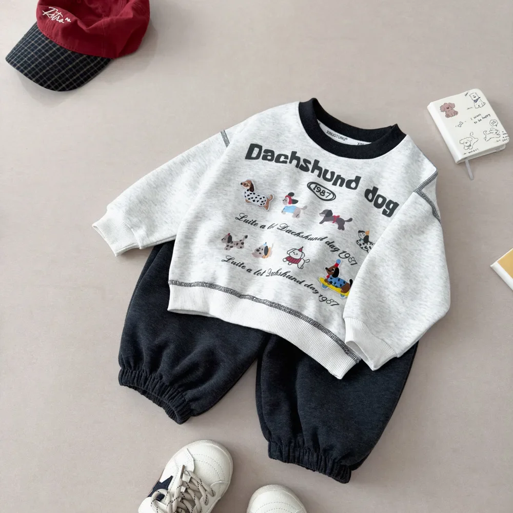 2026 Autumn Children Clothing Sets Baby Boys Girls Cartoon Puppy Print Crew Neck Sweatshirt+Pants 2Pcs Kids Casual Tracksuits