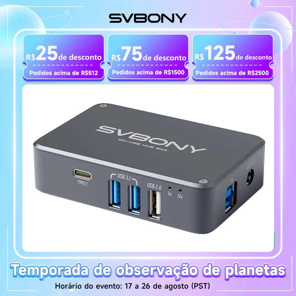 Adaptador de Energia para Telescópio Astronômico SVBONY SV241 com Hub DC+USB, Saída de Alta Velocidade e Interface Tipo-C para Astrofotografia