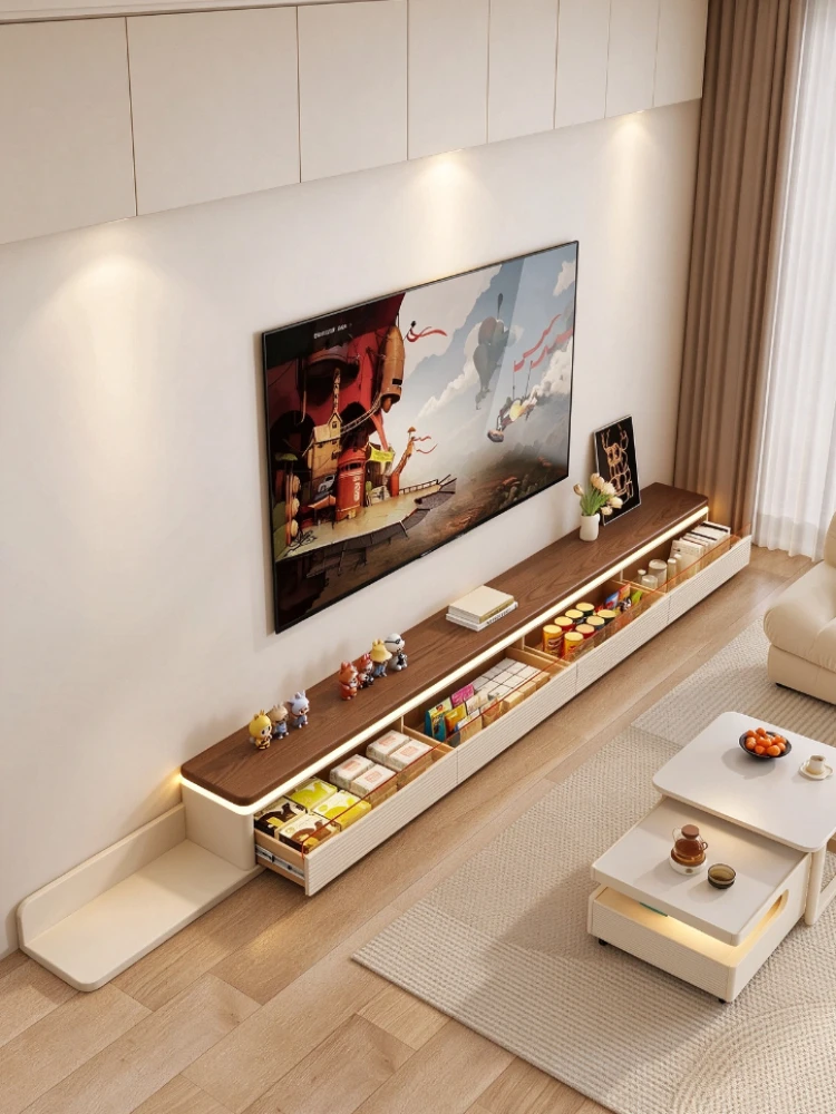Living Room Furniture All Solid Wood Floor-to-ceiling TV Cabinet Household Living Room Retractable Cream Wind Storage TV Cabinet