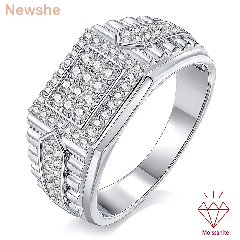 Newshe Zertifizierter Moissanit-Ring D-Farbe VVS1 Inlay Herren-Ehering Weißgold-Plattiert Designter Modeschmuck