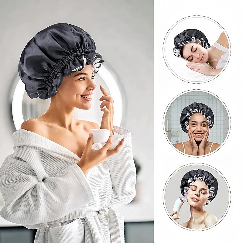 New Double layered Silk Sleeping Hat with Adjustable Elastic Makeup Removal Bath Hat for Women's Long Hair Beauty Protection Hat