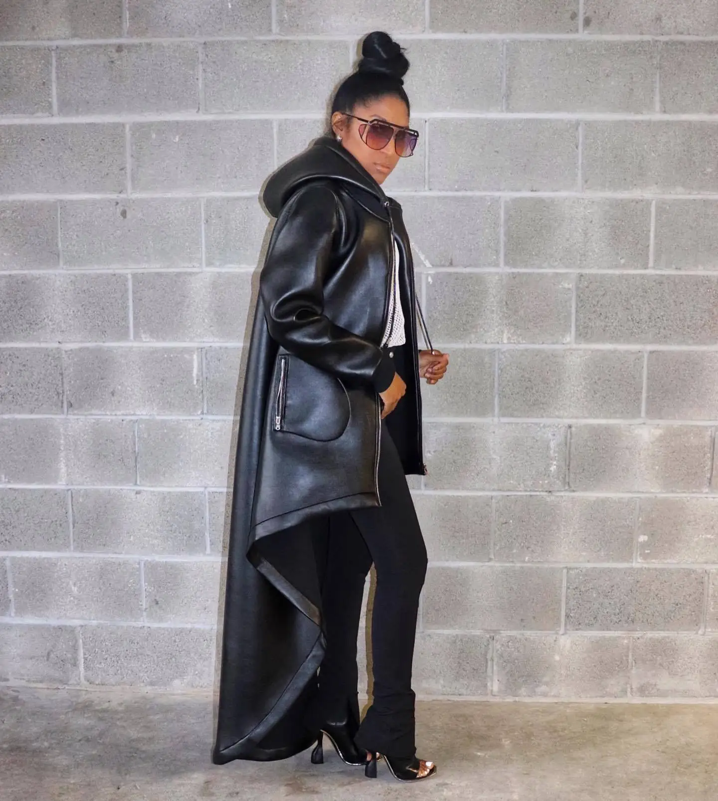 

Women’s Coats Thick PU Long Sleeve 2025 Spring Hooded High-Low Trench Coat Street Wear Pockets Fashion