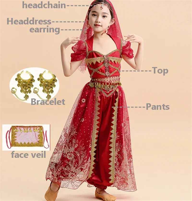  Kids India Princess Belly Dance Set Oriental Indian Dance Sari Girl Performance Costume Bollywood Children Stage Outfit