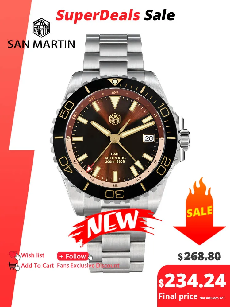 

San Martin Новый 39 мм Роскошный дайверский мужской GMT NH34 Эмалированный циферблат Sunburst из нержавеющей стали Автоматический сапфир C3 Зеленый светящийся SN0136