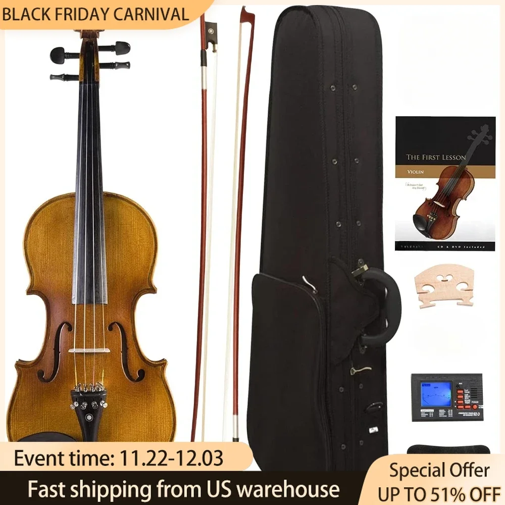 Violin,  with A Solid Spruce Wood Top Size 4/4 (Full Size) Solidwood Ebony Fitted Violin with D'Addario Prelude Strings