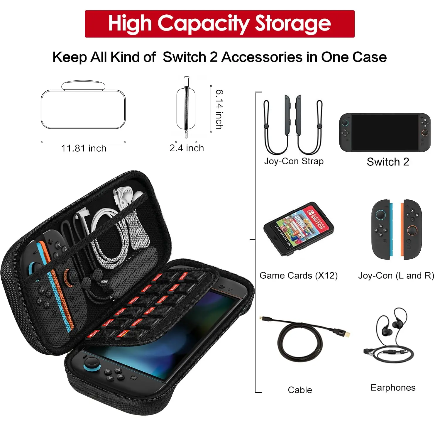 Premium Hard Shell Carrying Case for Switch 2 (2025), Compact Travel Bag with Interior Pockets for Console, Joy-Cons Accessories